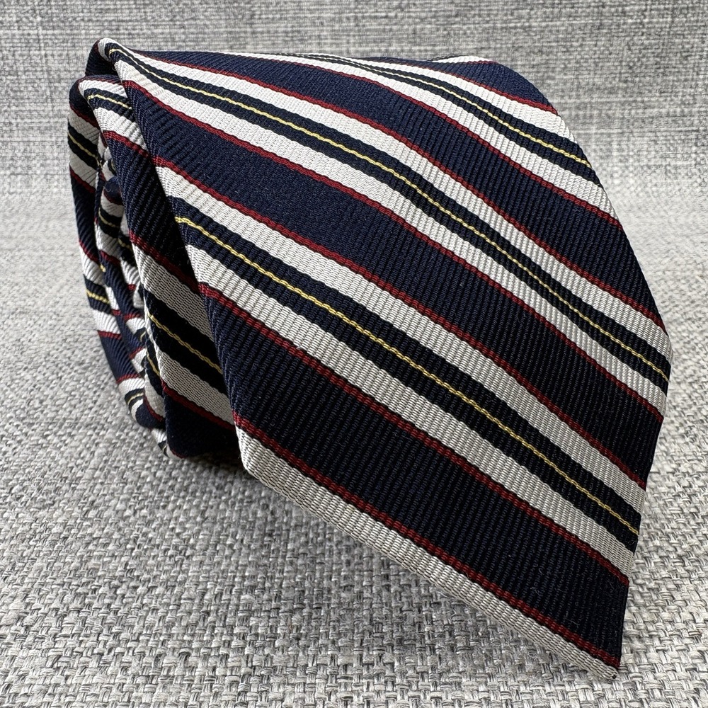 Rooster Mens Vintage Silk Blend Striped Repp Tie Navy Blue Red White Yellow